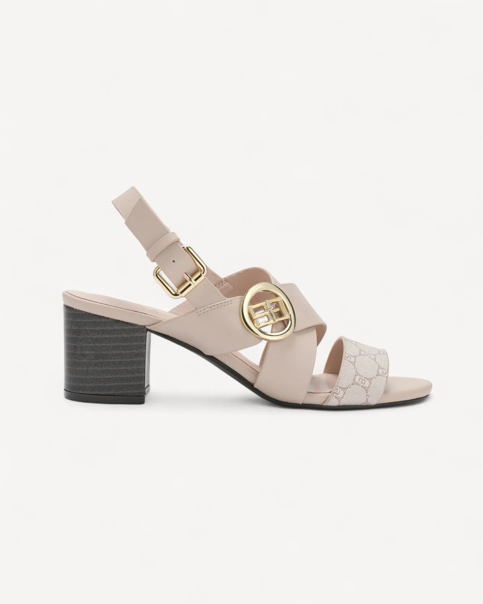 صندل بكعب عريض وحزام بإبزيم لون بيج - 1