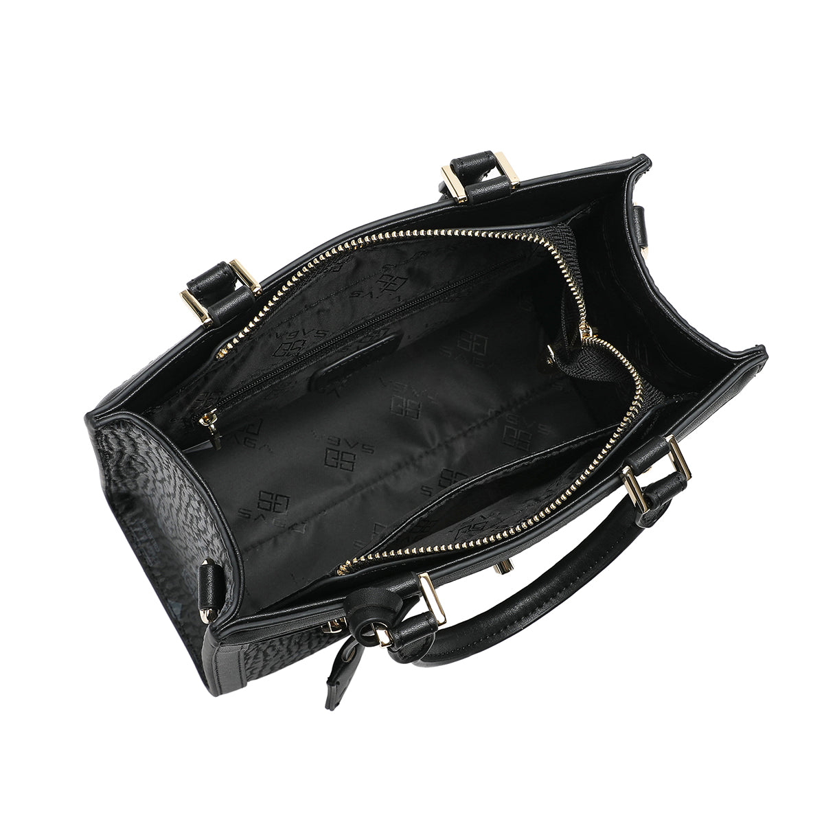 داخل حقيبة يد ماركة ساغا الأنيقة باللون الأسود، تظهر الجيوب الداخلية والتفاصيل الدقيقة