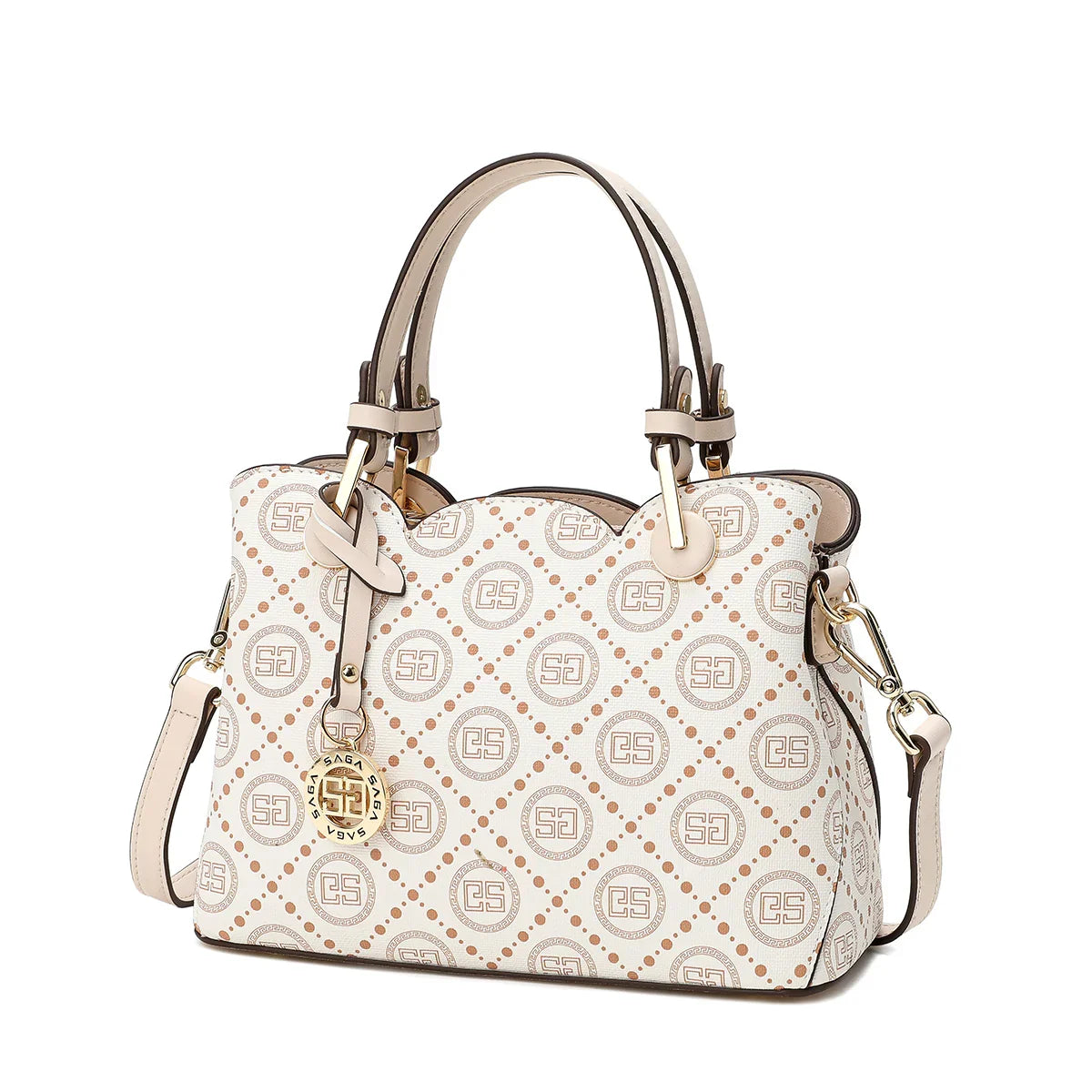 شنطة يد نسائية فاخرة مع شعار ساغا الذهبي واسعة عرض 33سم باللون البيج