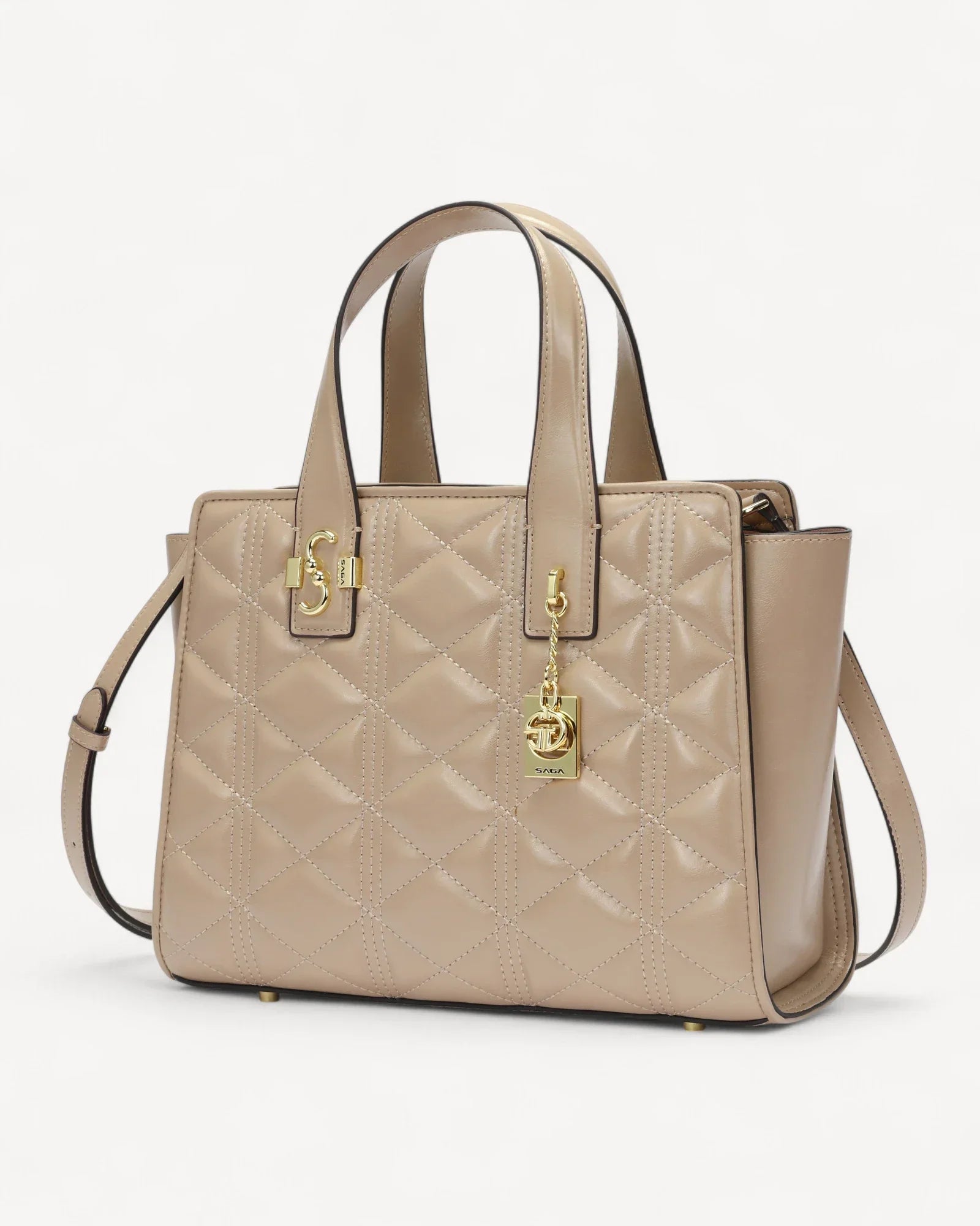 شنطة كتف جلد طبيعي بحامل لون بيج - 1