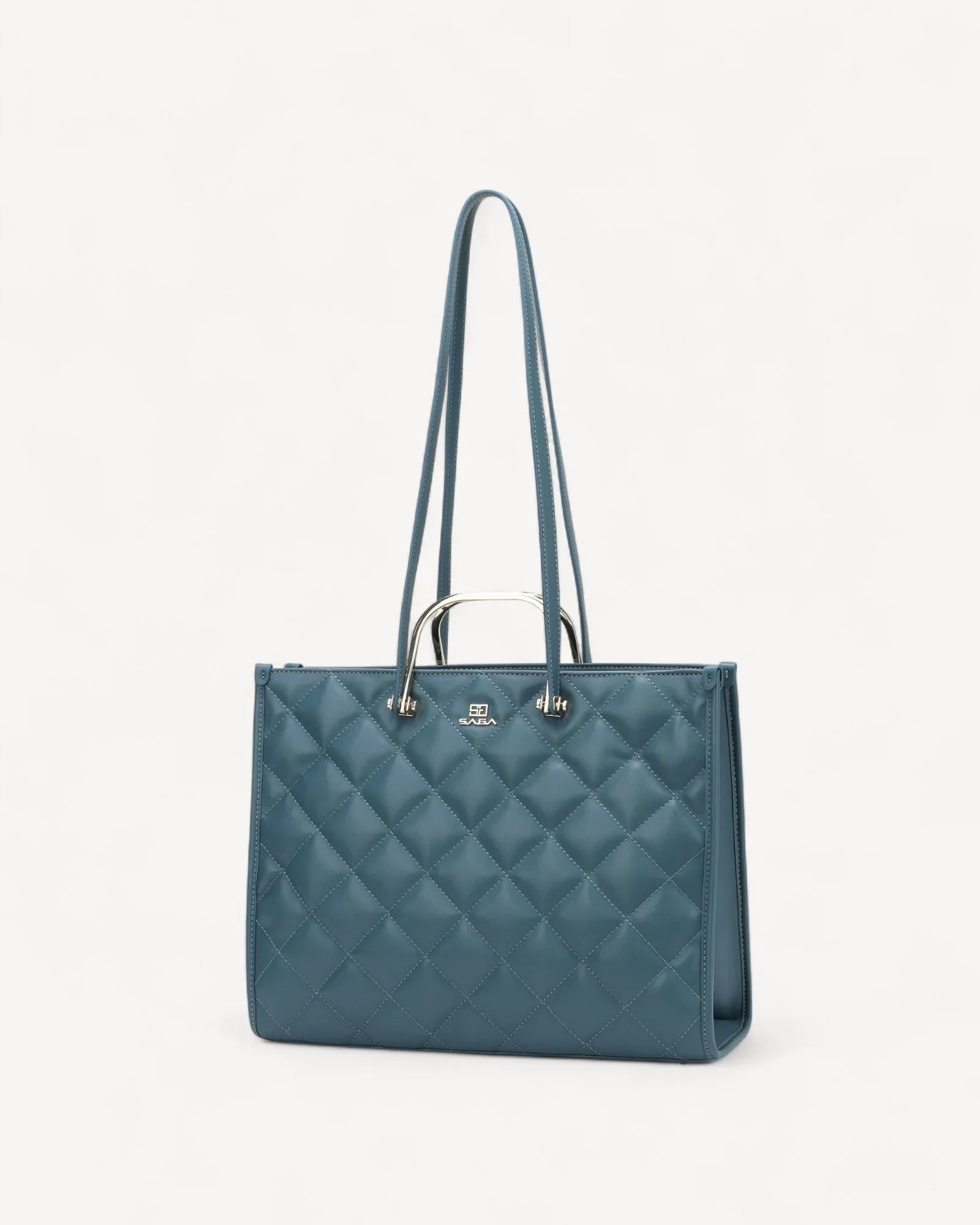 شنطة توت جلد بمقابض معدنية لون تركواز - 1