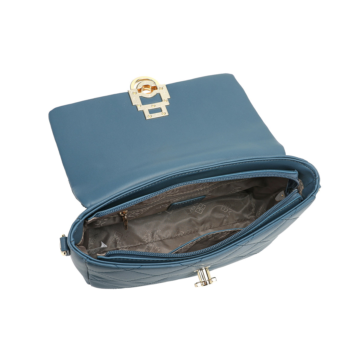 المظهر الداخلي لحقيبة يد ساغا باللون الأزرق الفاتح مع جيوب داخلية وسحاب للإغلاق