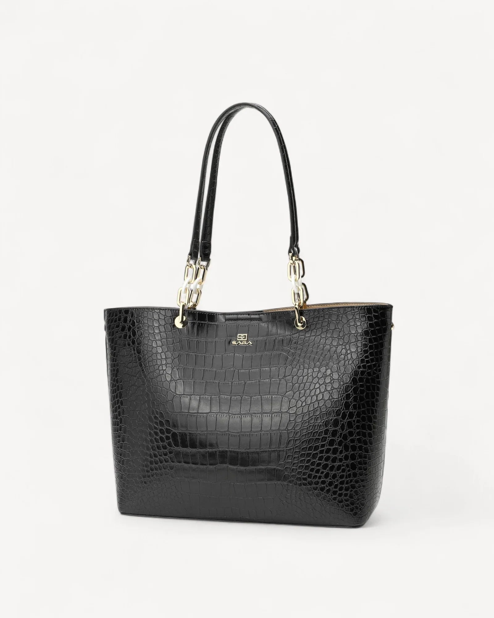 شنطة توت جلد نقشة تمساح بمقابض طويلة لون اسود - 1