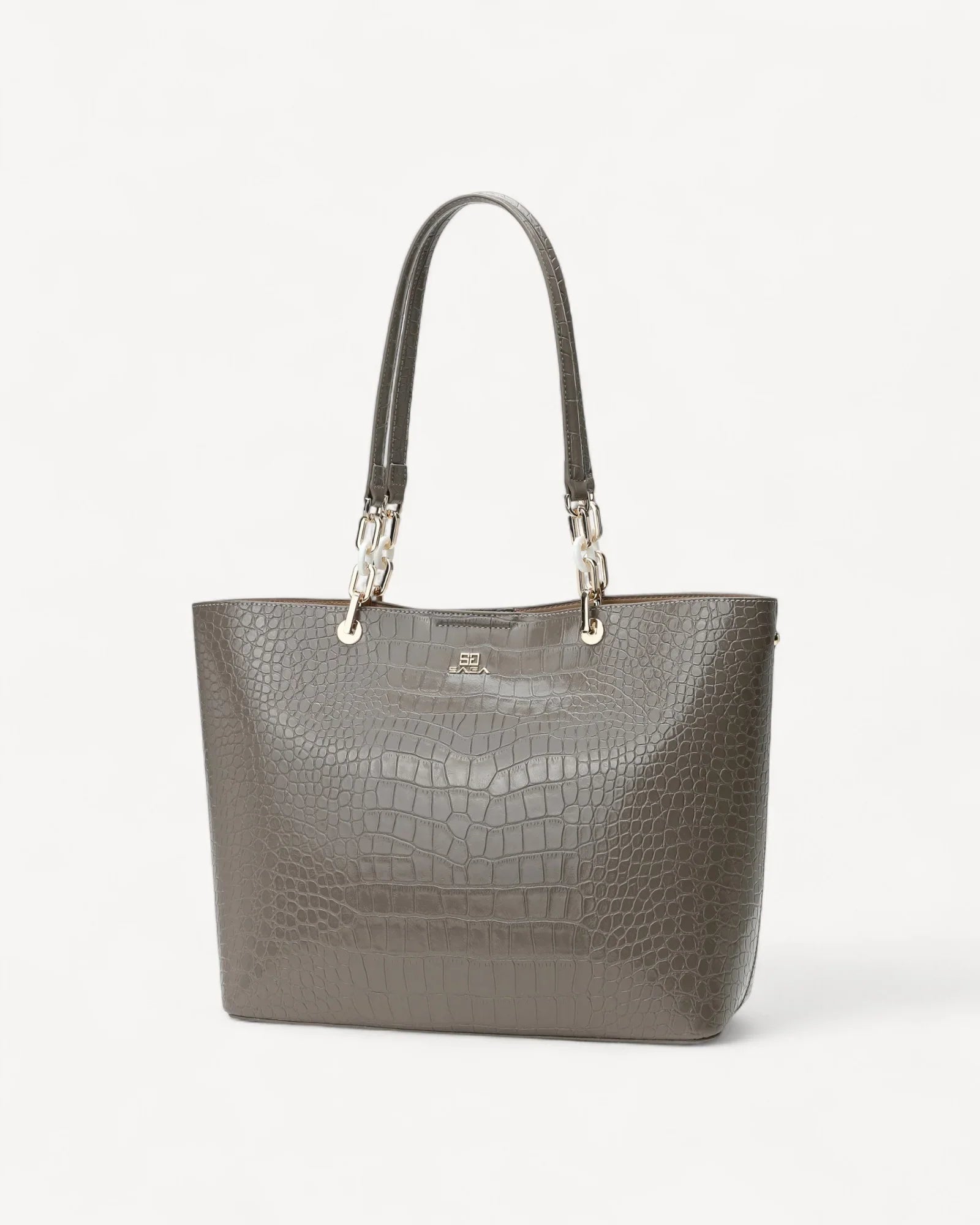 شنطة توت جلد نقشة تمساح بمقابض طويلة لون رمادي - 1