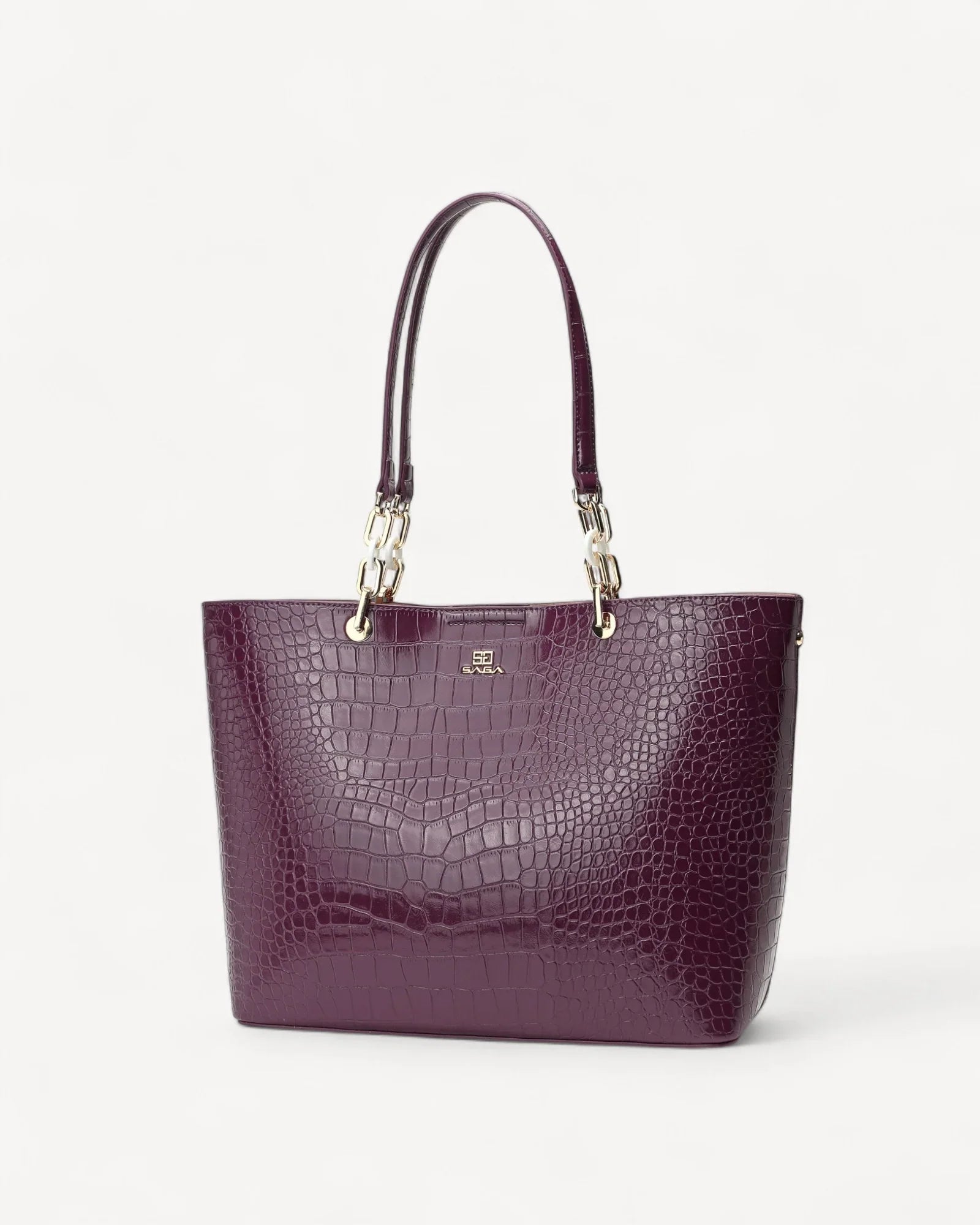 شنطة توت جلد نقشة تمساح بمقابض طويلة لون عنابي - 1