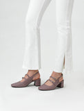 Women's high-heeled shoes with two back straps in a light purple color