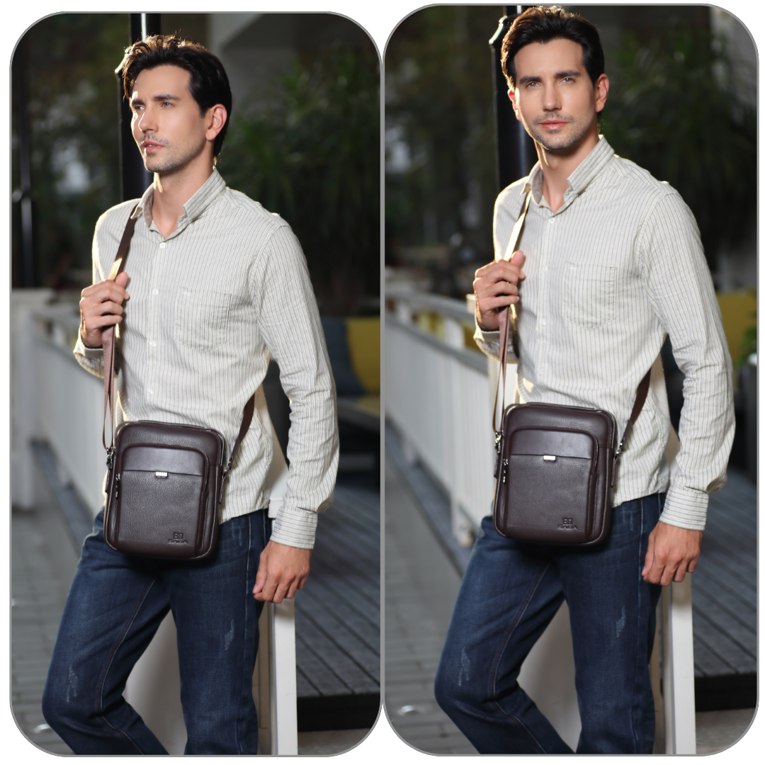 Men's practical hand and shoulder bag made of 100% natural leather, black color