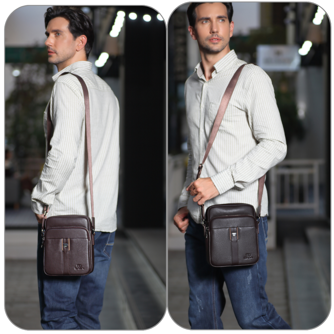Luxury men's hand and shoulder bag made of 100% genuine leather, black or brown