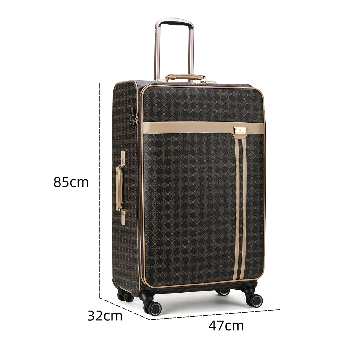 Luxurious travel bag with wheels and metal handle, several sizes, brown color