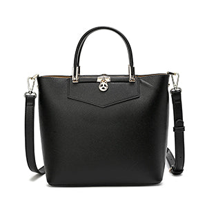 An elegant women's bag with a modern design, leather, width 28 cm, in black or beige