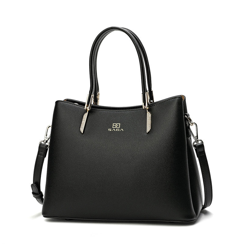 Elegant women's leather bag, width 28 cm, in black or beige