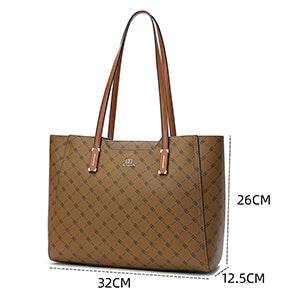 Leather handbag for women with a simple design, width 32 cm, brown or camel color
