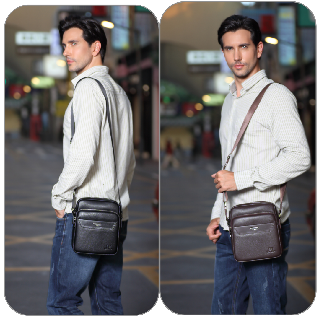A modern men's hand and shoulder bag, 100% genuine leather, black and brown