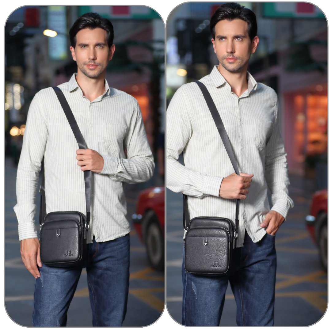 Men's hand and shoulder bag, 100% genuine leather, black color