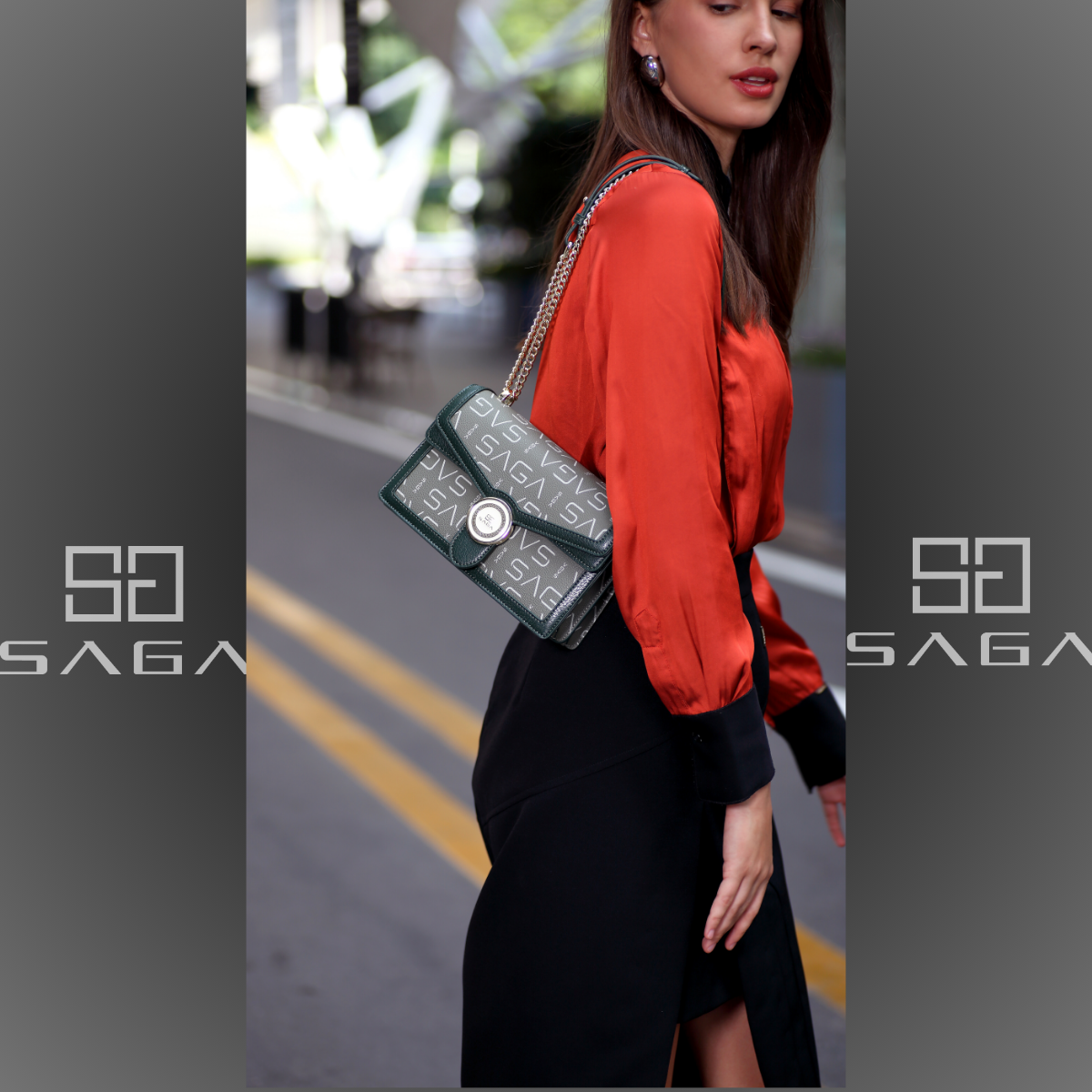 Luxury women's handbag with a modern design, width 23 cm, olive green color