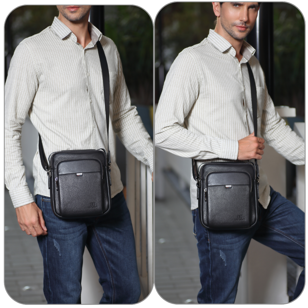 Men's practical hand and shoulder bag made of 100% natural leather, black color