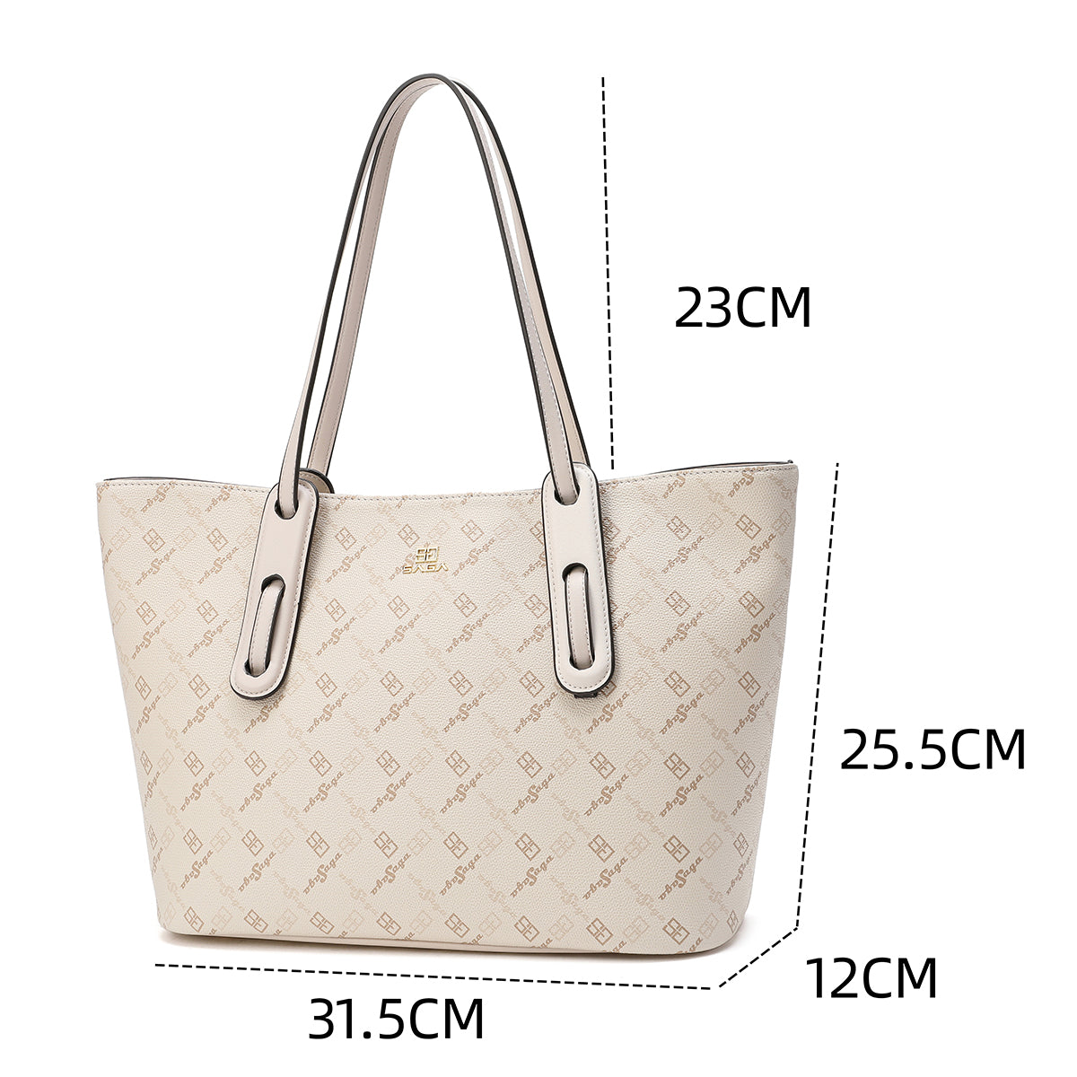 Wide and elegant handbag, width 31.5 cm, brown or cream color