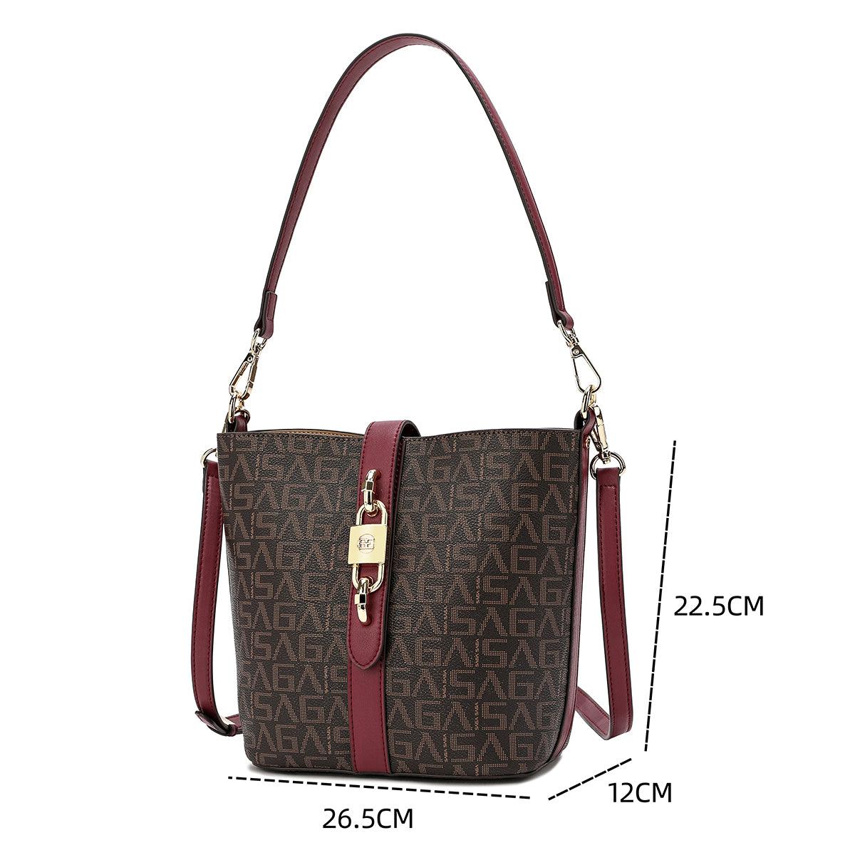 Stylish and distinctive bag for women from Saga, with Saga logo embossed and long straps, maroon color