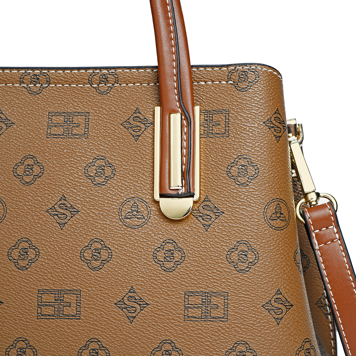 Luxurious handbag with shoulder strap, width 27 cm, brown or tan color
