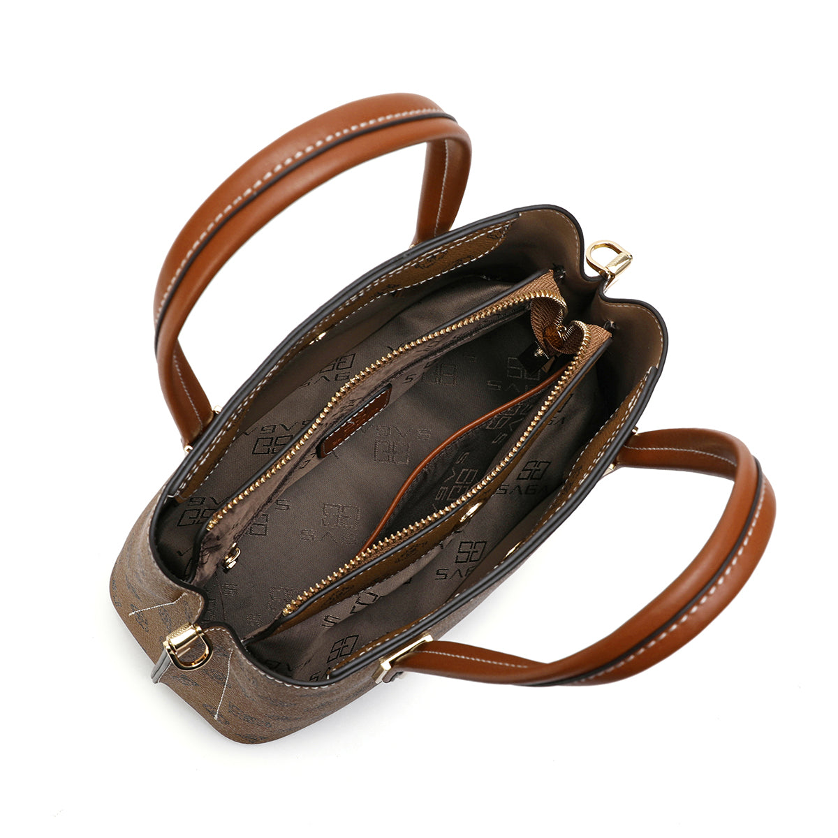 Luxurious handbag with shoulder strap, width 27 cm, brown or tan color