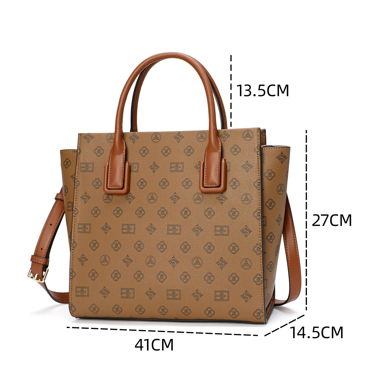 An elegant bag with a spacious design, 41 cm wide, with a shoulder strap, in brown or tan color