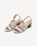 صندل بكعب عريض وحزام بإبزيم لون بيج - 3