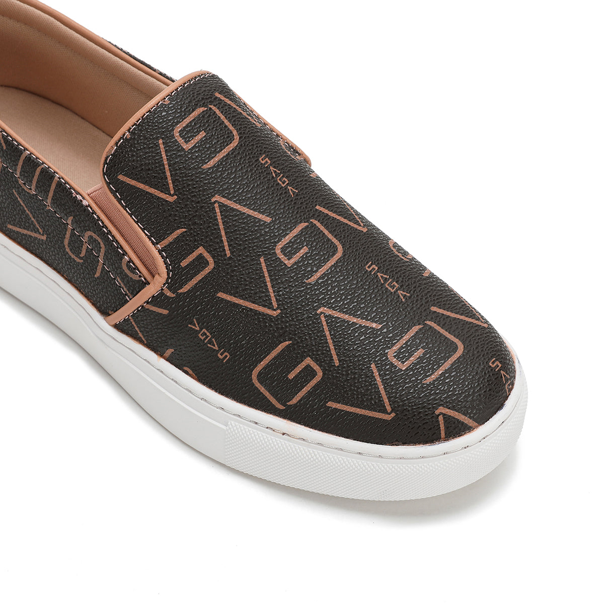 Saga Women's Light and Comfortable Microfiber Slip-On Shoes with Monogram Design in Coffee