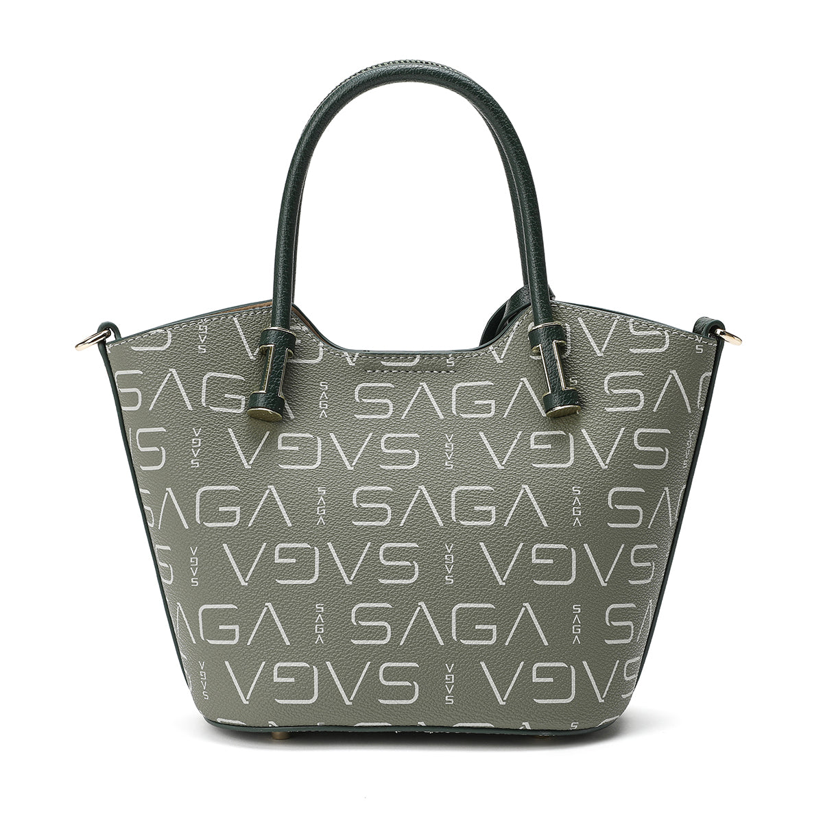 Elegant women's handbag with a monogram print in olive green with a detachable strap