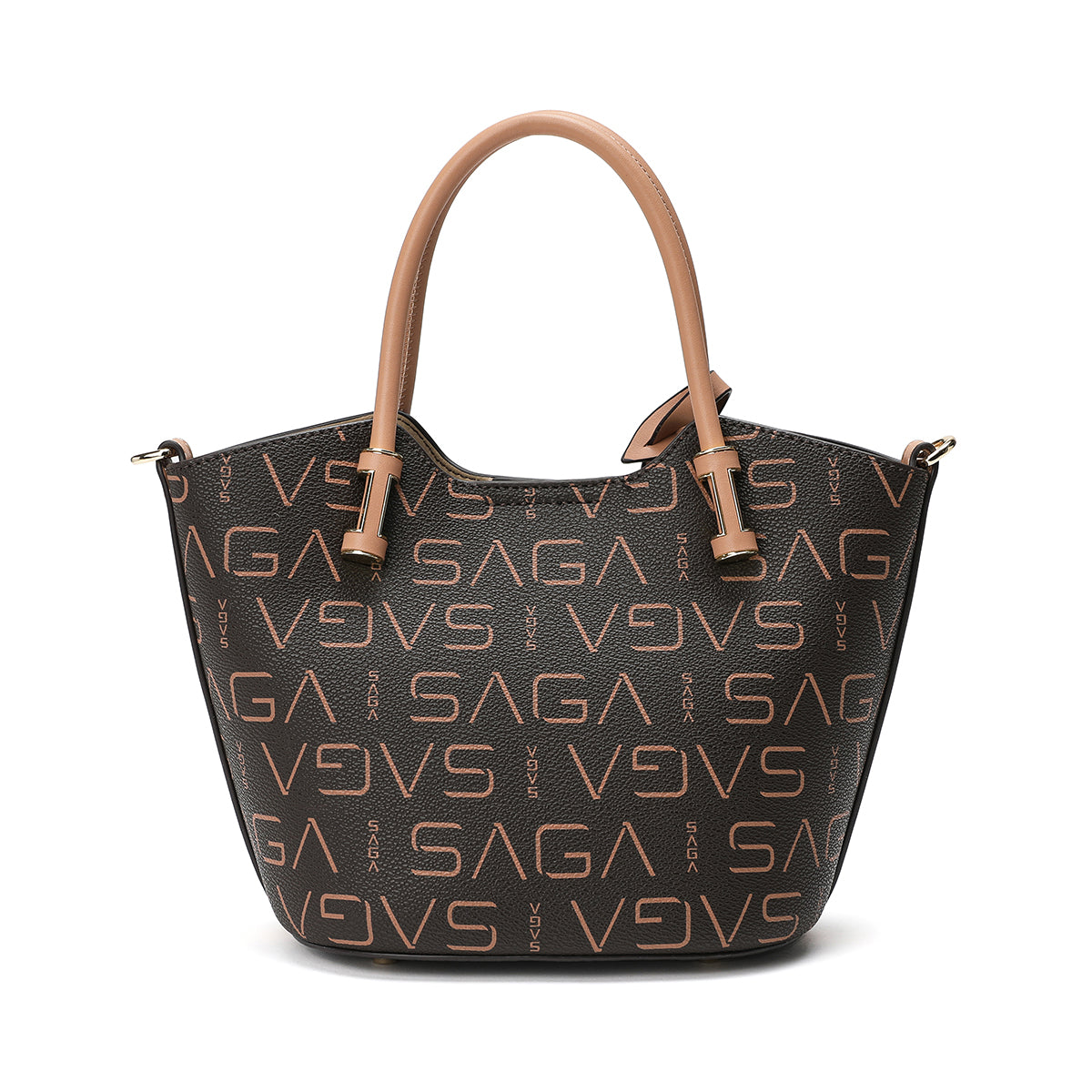 Elegant women's handbag with a monogram print in brown with a detachable strap