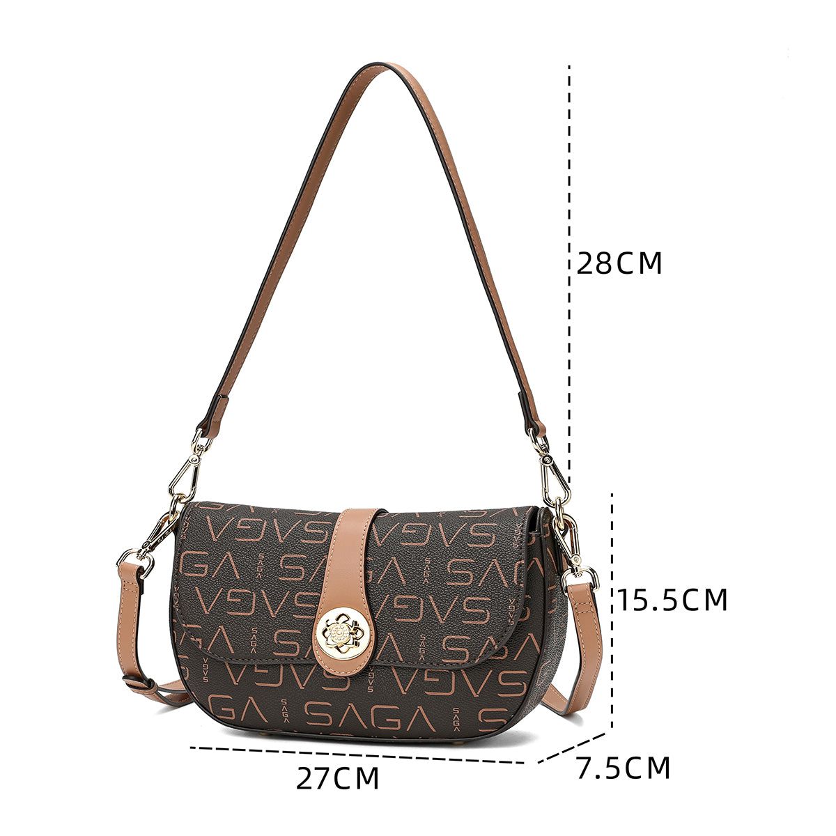 Elegant coffee brown women's shoulder bag with Saga logo, width 22 cm