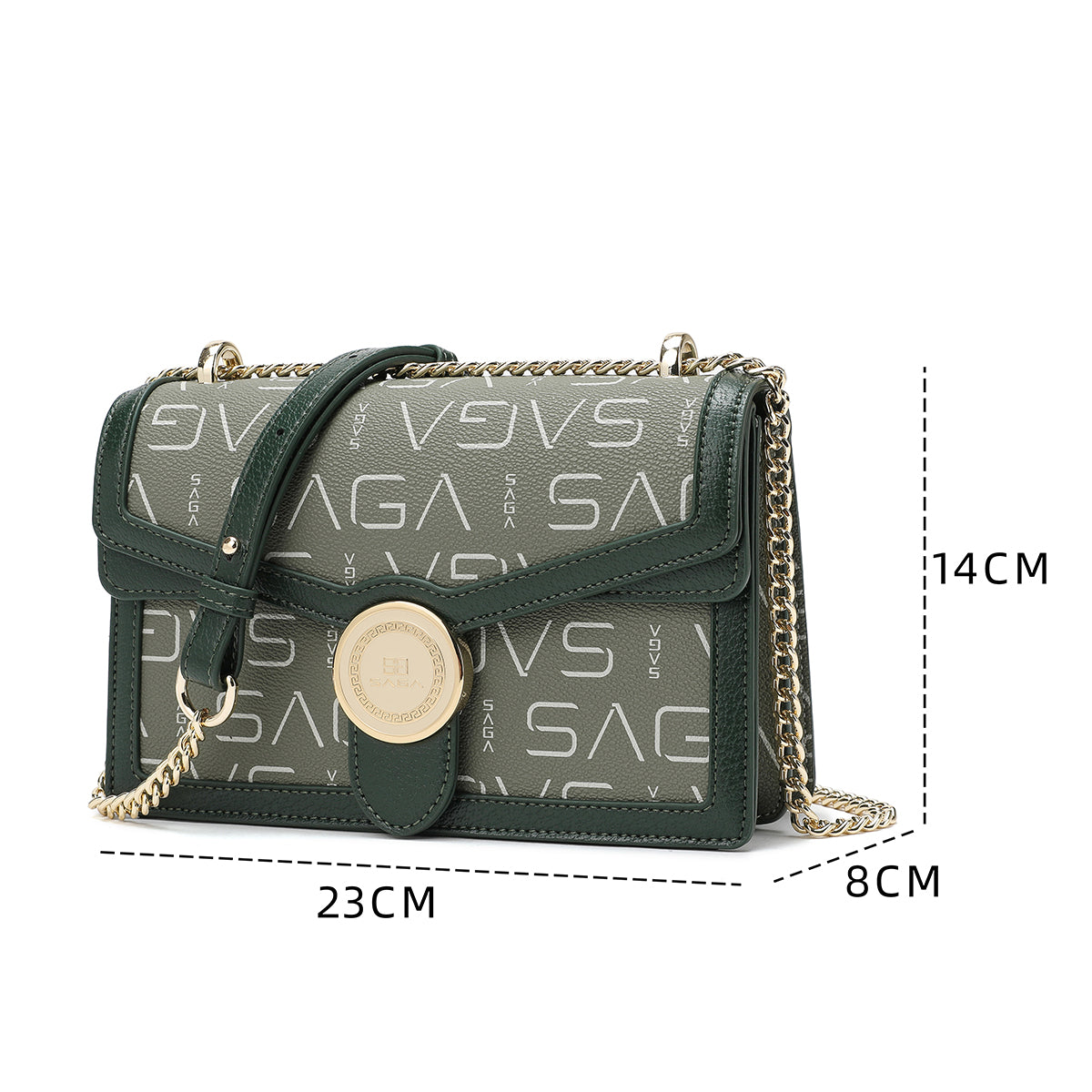 Luxury women's handbag with a modern design, width 23 cm, olive green color