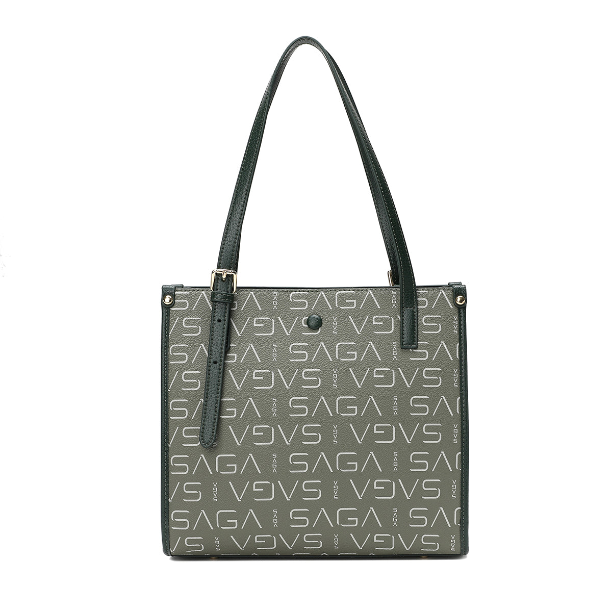 A handbag with a distinctive design with the Saga logo, 28.5 cm wide, in coffee or apple green color