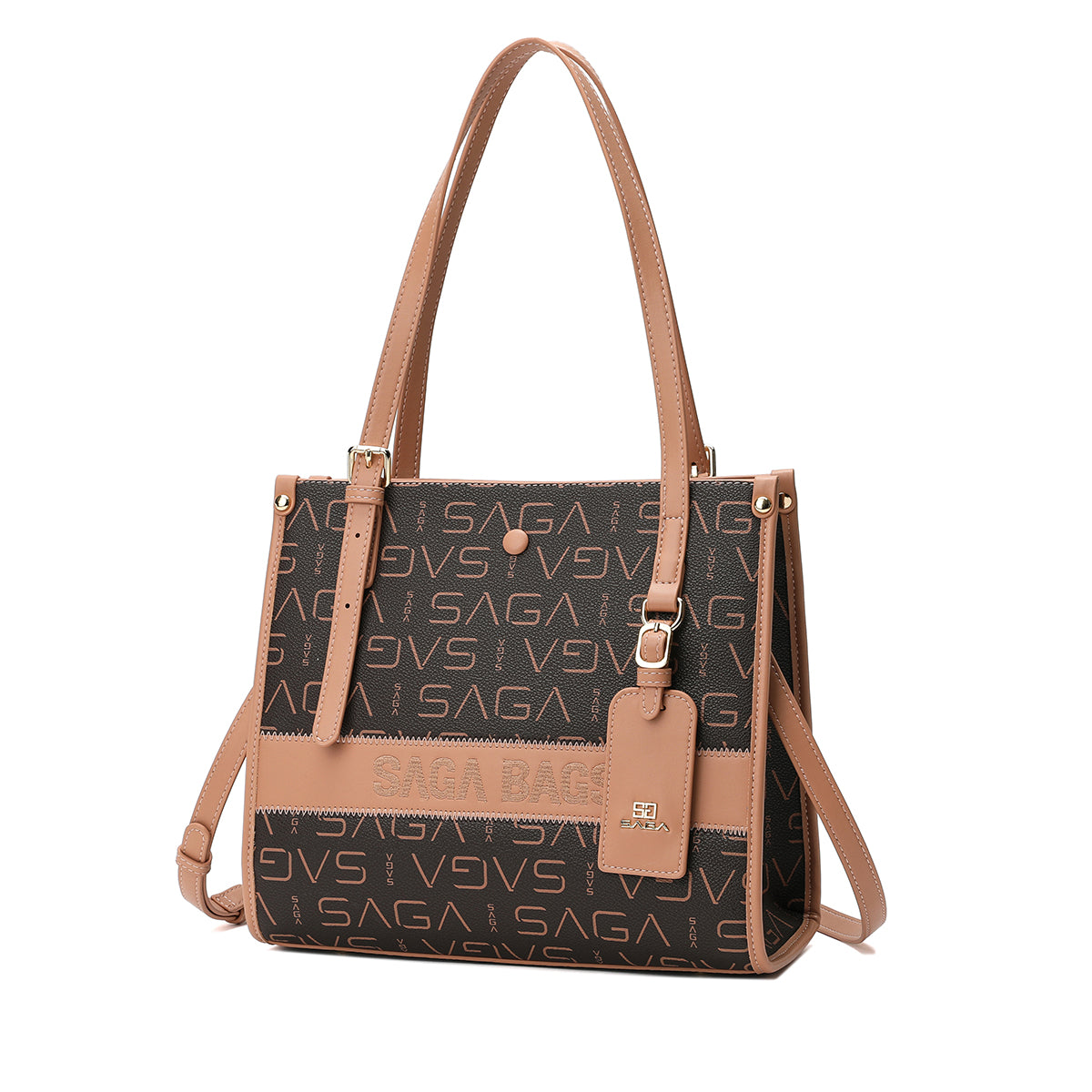 A handbag with a distinctive design with the Saga logo, 28.5 cm wide, in coffee or apple green color