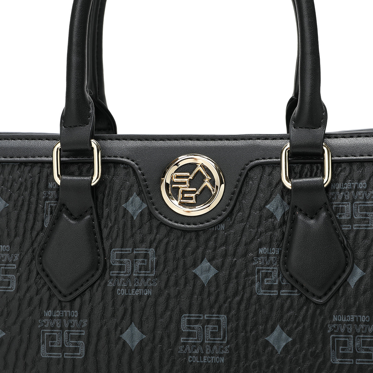 Luxurious leather bag with a modern pattern, wide 28.5 cm, black colour