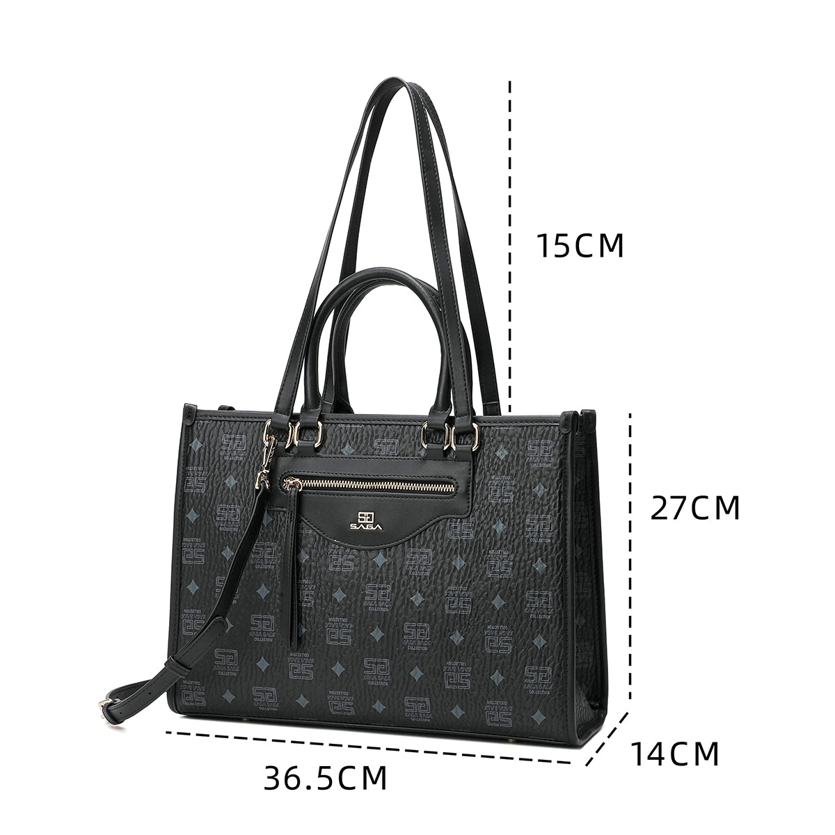 A spacious luxury leather bag with a wonderful design, 36 cm wide, black colour