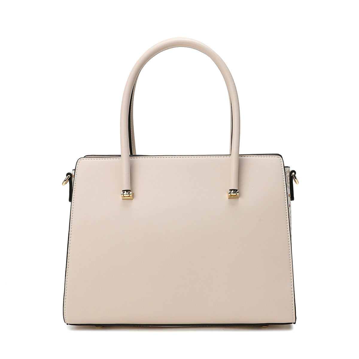 Plain luxury leather bag with gold accessories, beige color, width 27 cm