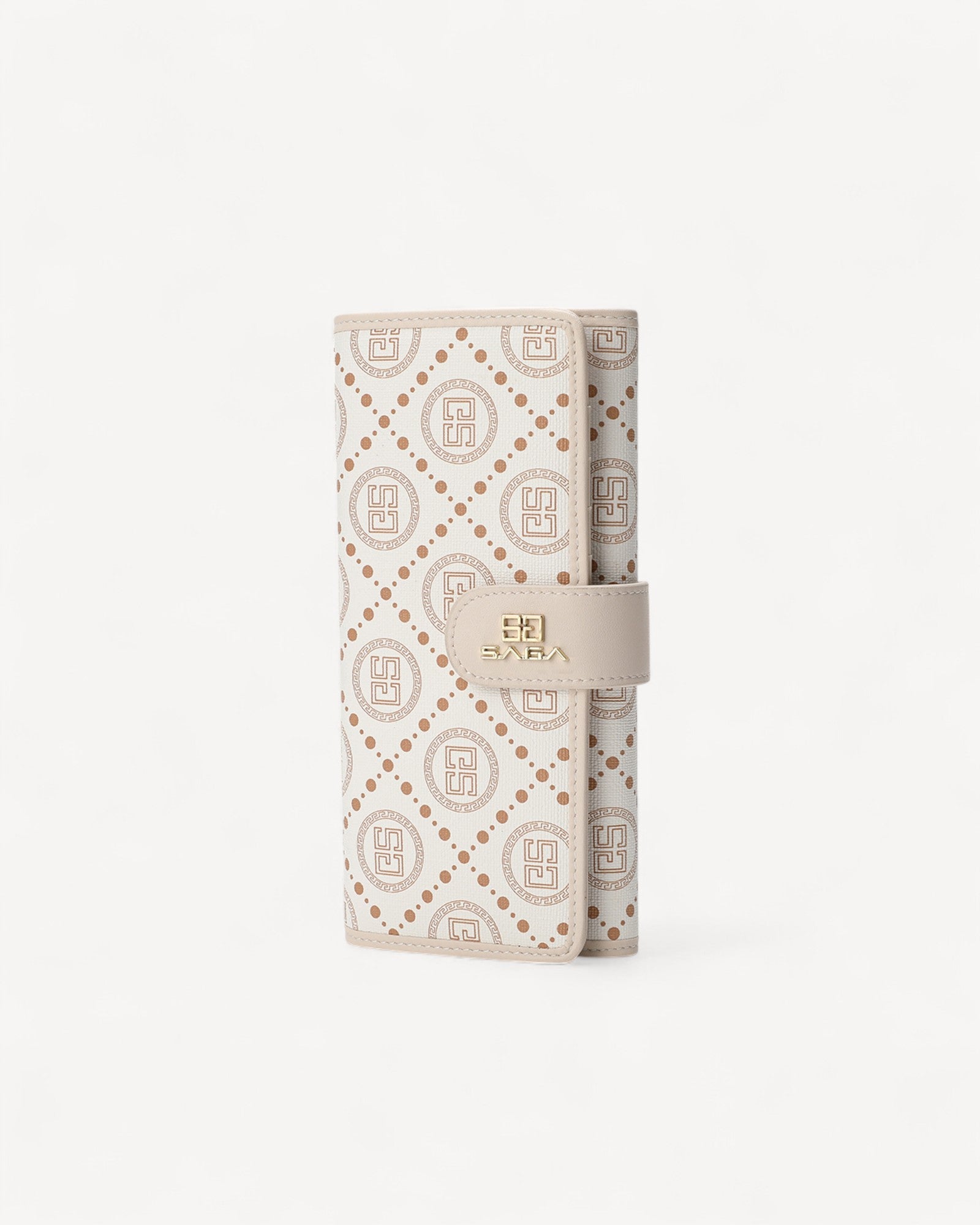 Luxury leather wallet with the elegant Saga imprint, multiple pockets and a practical beige color