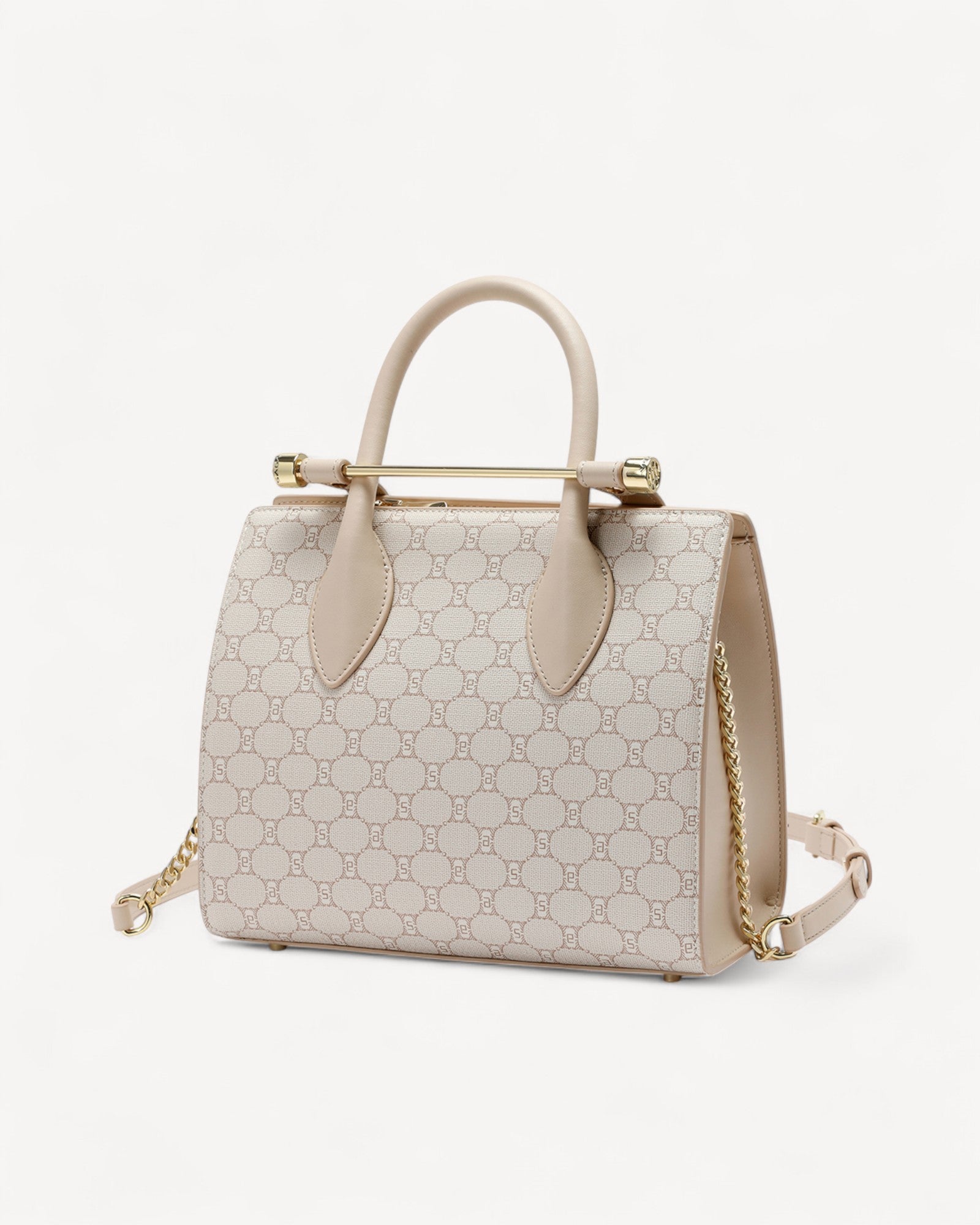 Luxury beige monogram handbag and shoulder bag with gold hardware
