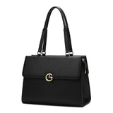 A large, elegant black women's handbag for work.