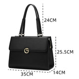 A large, elegant black women's handbag for work.