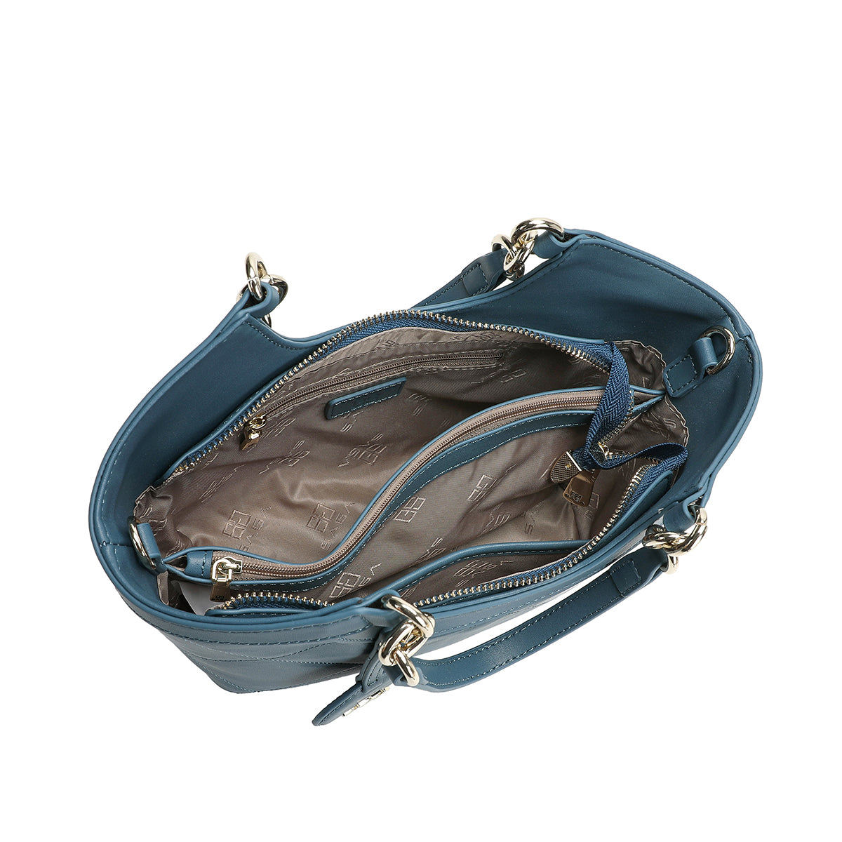 Luxury leather bag with a distinctive handle and light size, blue colour