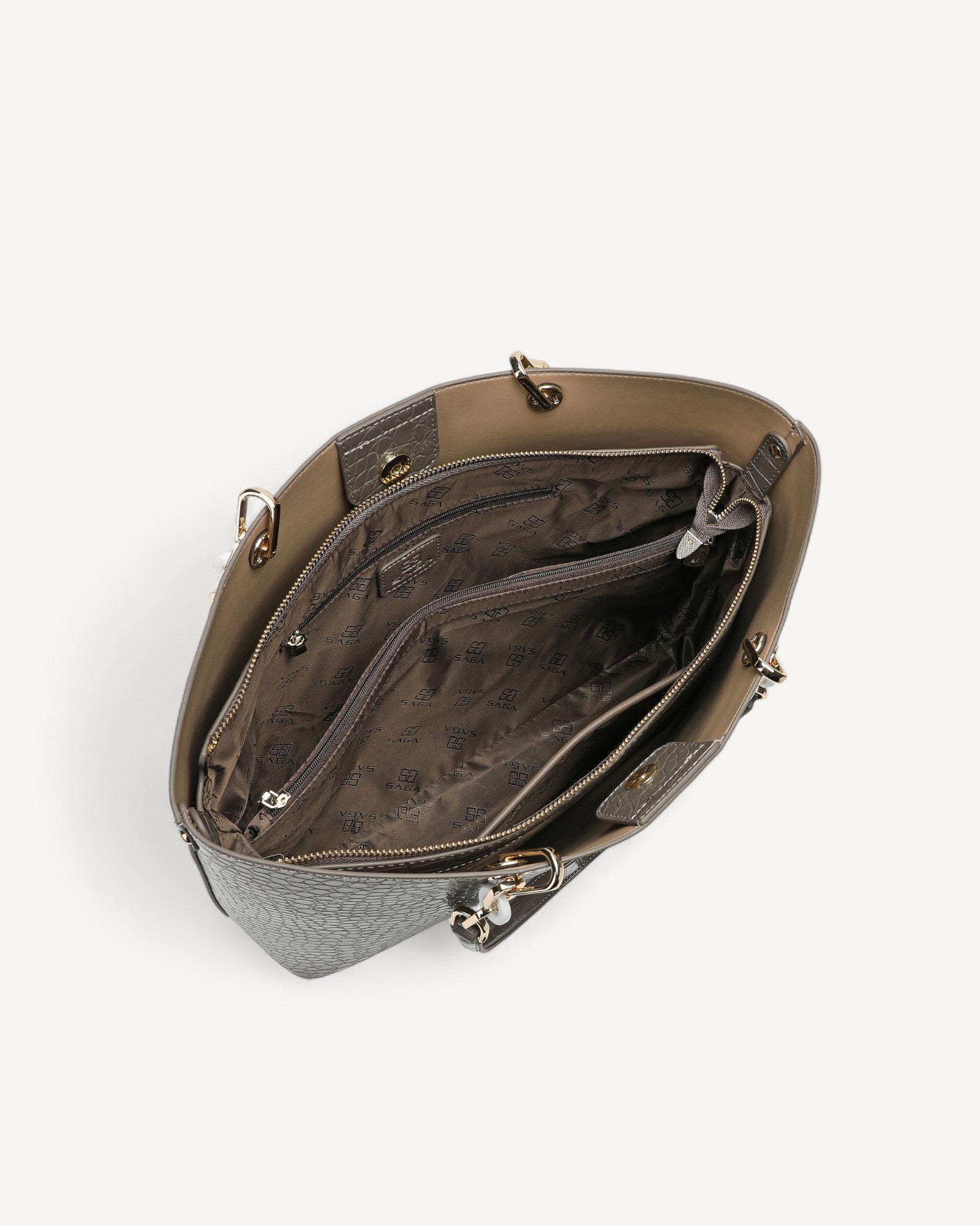 شنطة توت جلد نقشة تمساح بمقابض طويلة لون رمادي - 4