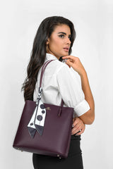 Luxury leather bag with elegant and attractive scarf in purple color