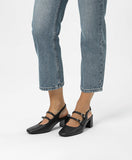 Women's black heeled shoes with two back straps