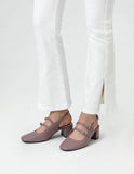 Women's high-heeled shoes with two back straps in a light purple color