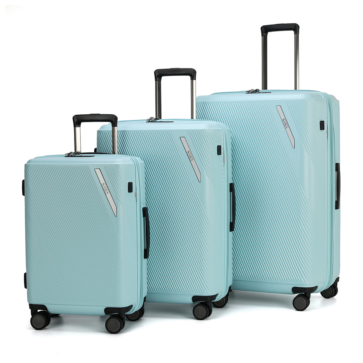 A set of three-piece polycarbonate travel bags, high durability and modern design, in dark blue or light green