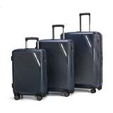 A set of three-piece polycarbonate travel bags, high durability and modern design, in dark blue or light green